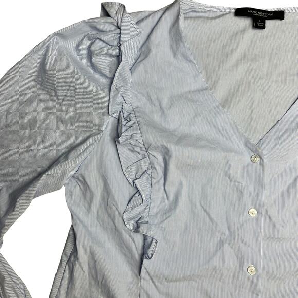 Marc New York Lightweight Blue & White Ruffled V-Neck Blouse Size Large - Picture 6 of 9